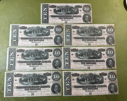 Seven consecutive serial numbered T-68 Confederate $10 notes