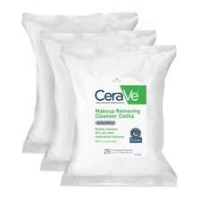 Cerave Makeup Removing Cleanser Cloths, Ultra Gentle, 25ct each, Pack of 3