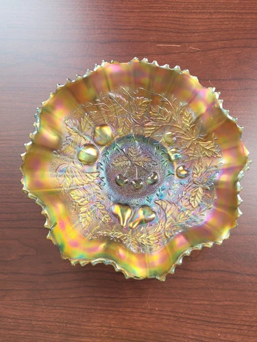 DAMAGED Aqua Opalescent Northwood Carnival Glass Three Fruits Stippled Bowl