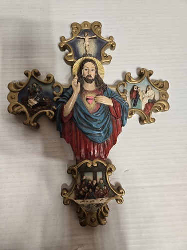 Crocifisso Croce da Parete Sacro Cuore di Gesù Vintage Arte Religiosa Alto circa 12"