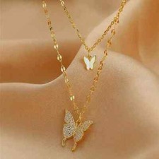 Double Chain Women Fashion Jewelry Gold Cubic Zircon Butterfly Pendant Necklace