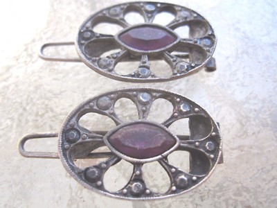 Vintage Mini Amethyst Navette Hinge Back Pair of Barrettes New Made in USA