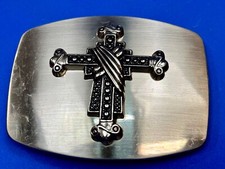 Gothic Vibe Raised Cross On Glossy Reflective Metal Belt Buckle