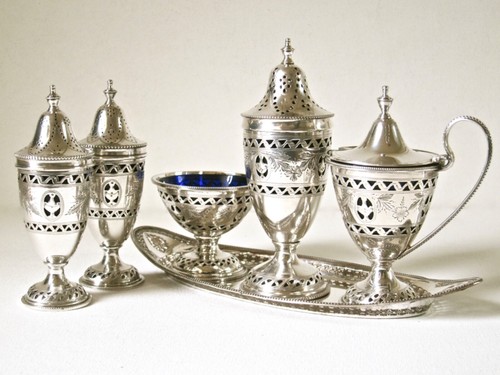 Georgian Style 6-Piece Silver Plate Condiment Set England early-1900's