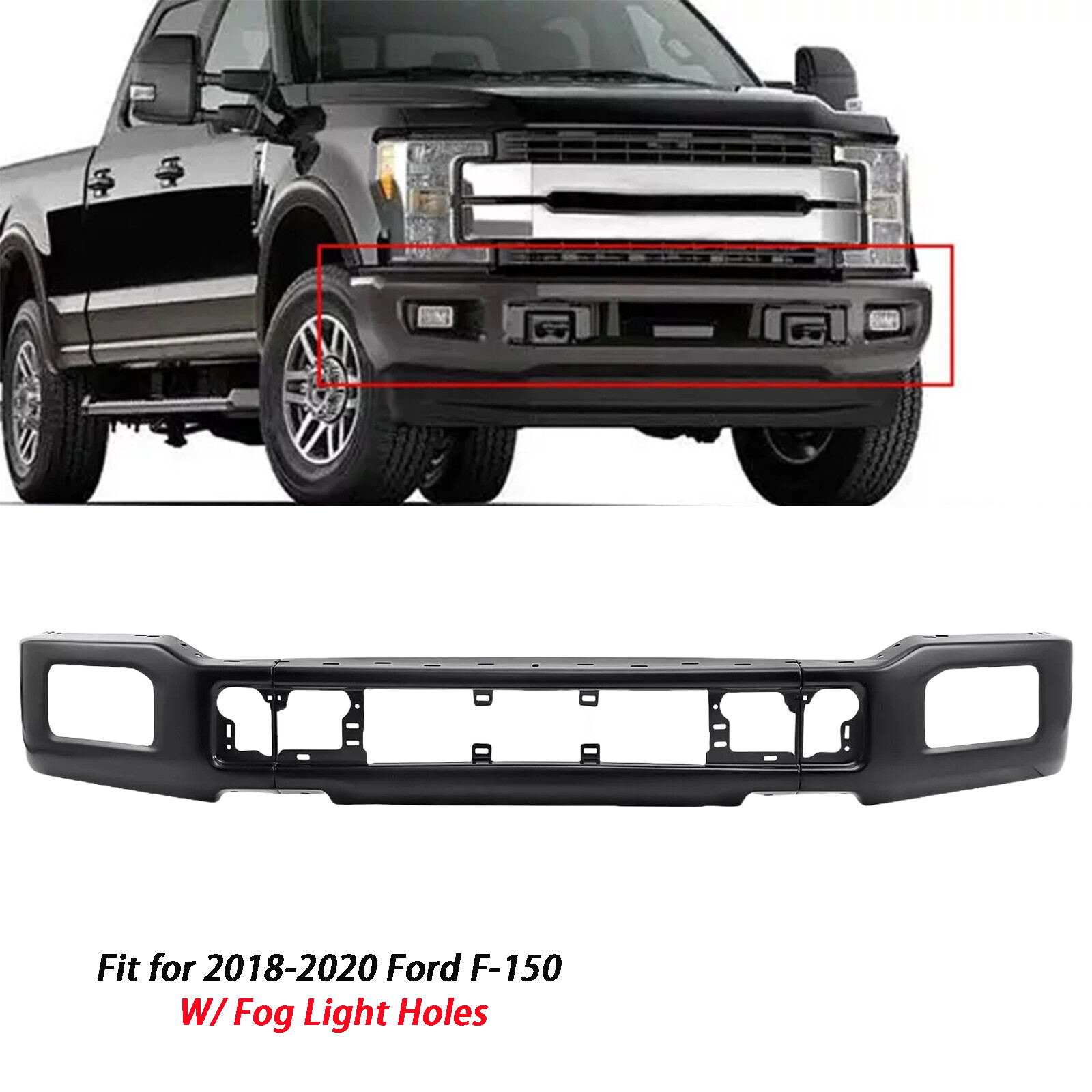Bumper Face Bars Front for F150 Truck Ford F-150 2018-2020 Black W/ Fog Hole