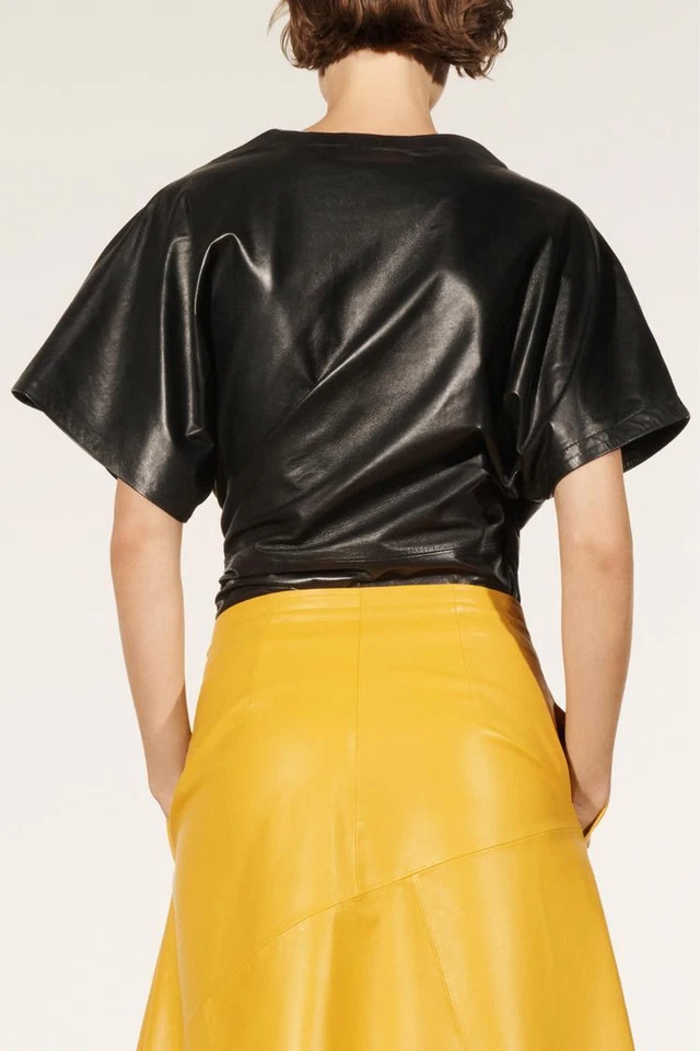 Handmade Women's Lambskin Yellow Leather Pocket Skirt Below Knee Length Plus Siz - Image 2 of 4