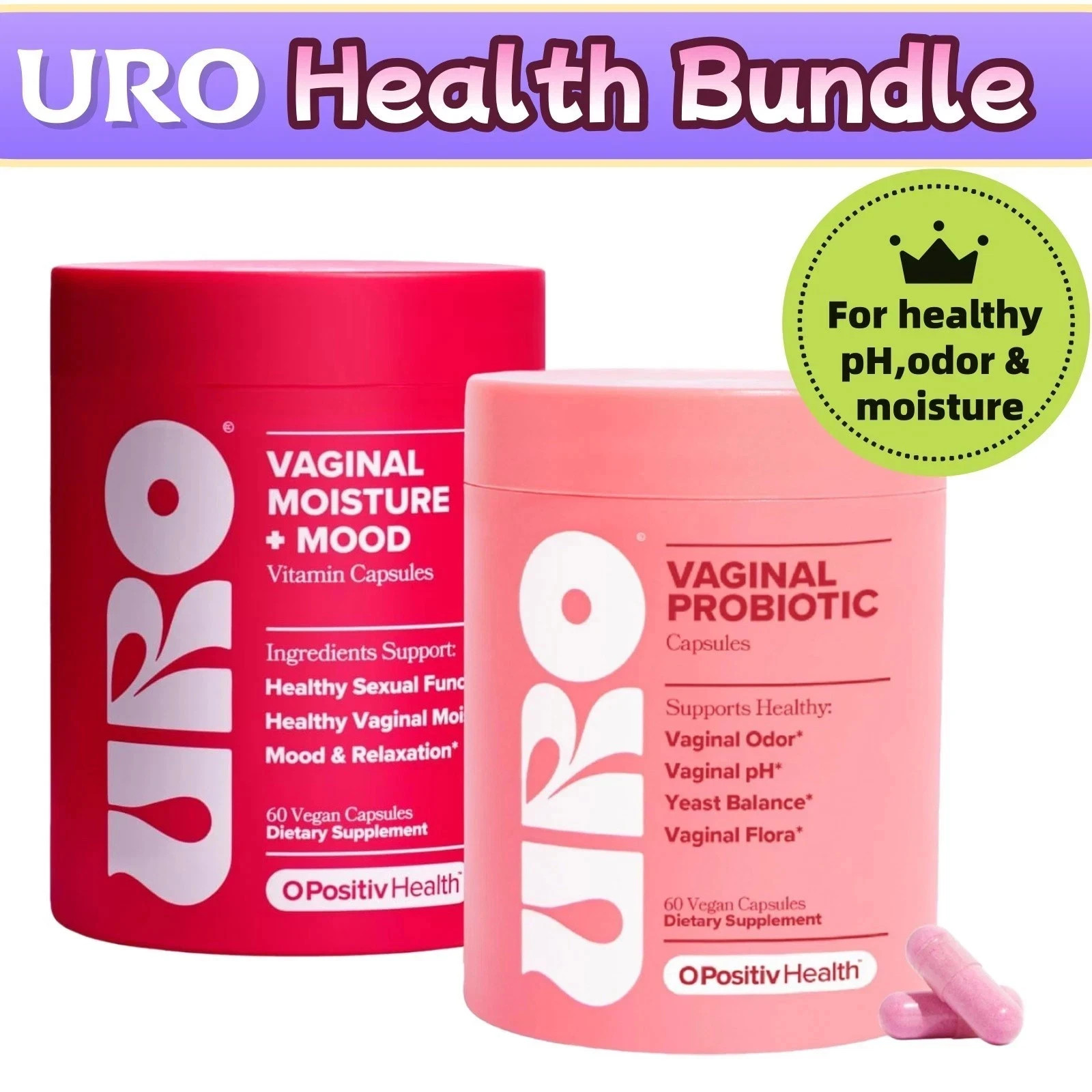 URO Feminine Health Bundle, Vaginal Moisture & Probiotics Support, 2×60 Ct
