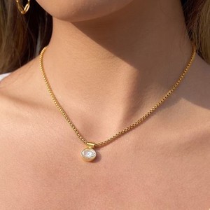 Authentic Woman 18K Gold Plated Oval CZ Pendant Necklace Anti-tarnish
