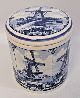 Vintage Delft Blue Hand painted Lidded Jar / Pot Windmill Scenes Pattern
