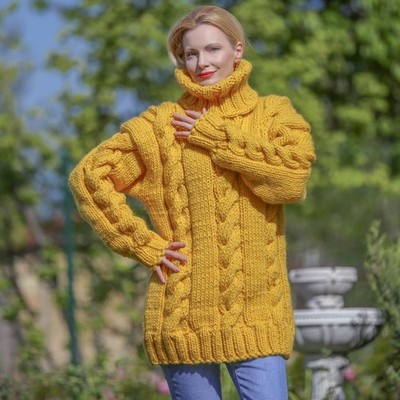 Hand knitted thick yellow wool sweater with turtleneck, ready to ship, size L-XL