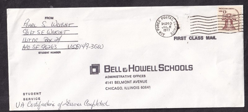 1977 cover Pearl S Wright APO 96263 Taipei Taiwan to Bell & Howell Chicago IL
