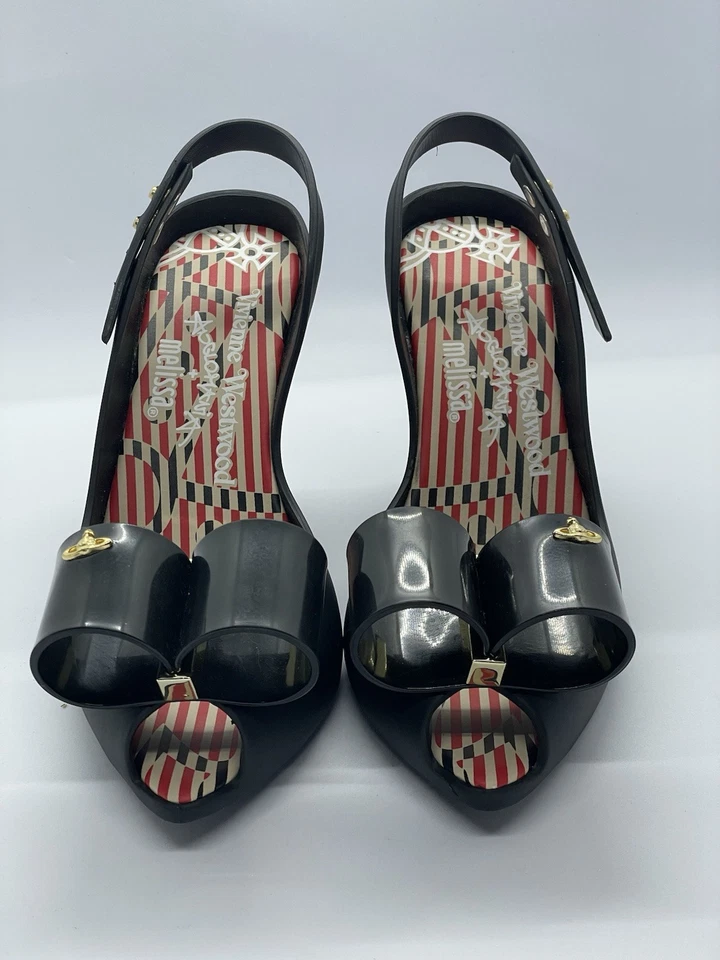 Vivienne Westwood x Melissa Dama Dragón Arco Tacones Negros EE. UU. 5 Caja y Bolsa para el Polvo Raro Foto 3 de 4