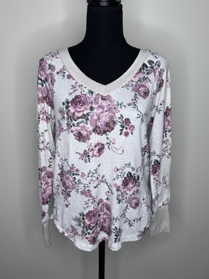 Wallflower Sweater Womens Medium Tan Lightweight Stretch Floral V-Neck Raw Hems
