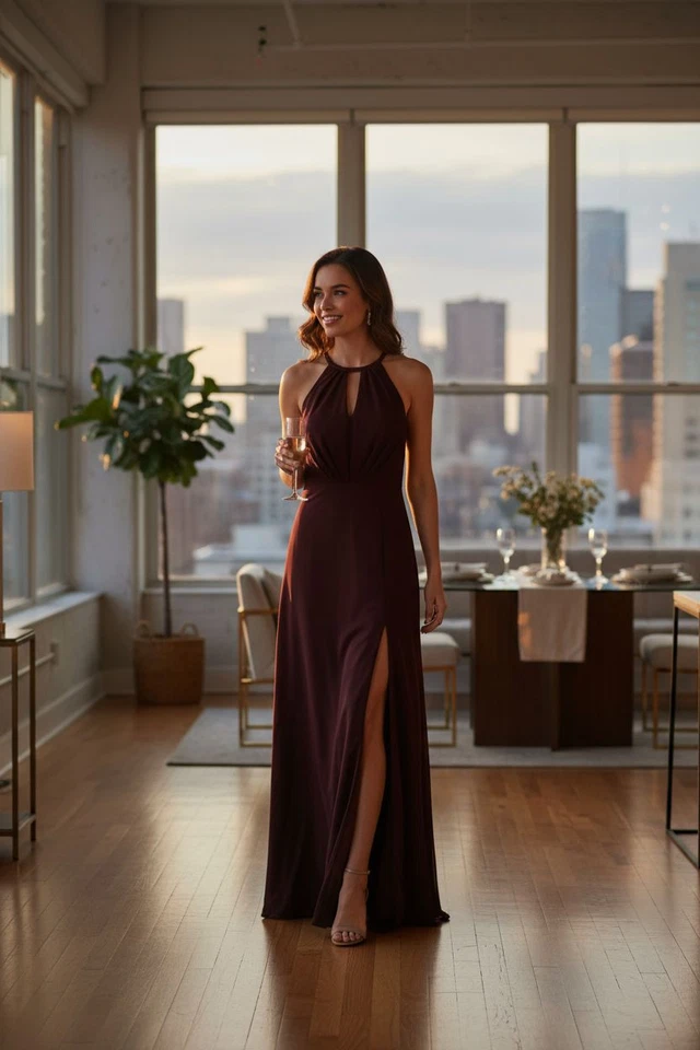 NEW Elegant Brown  Gown – Size 6, Keyhole Neckline, High Slit, Sheer Overlay - Image 2 of 4