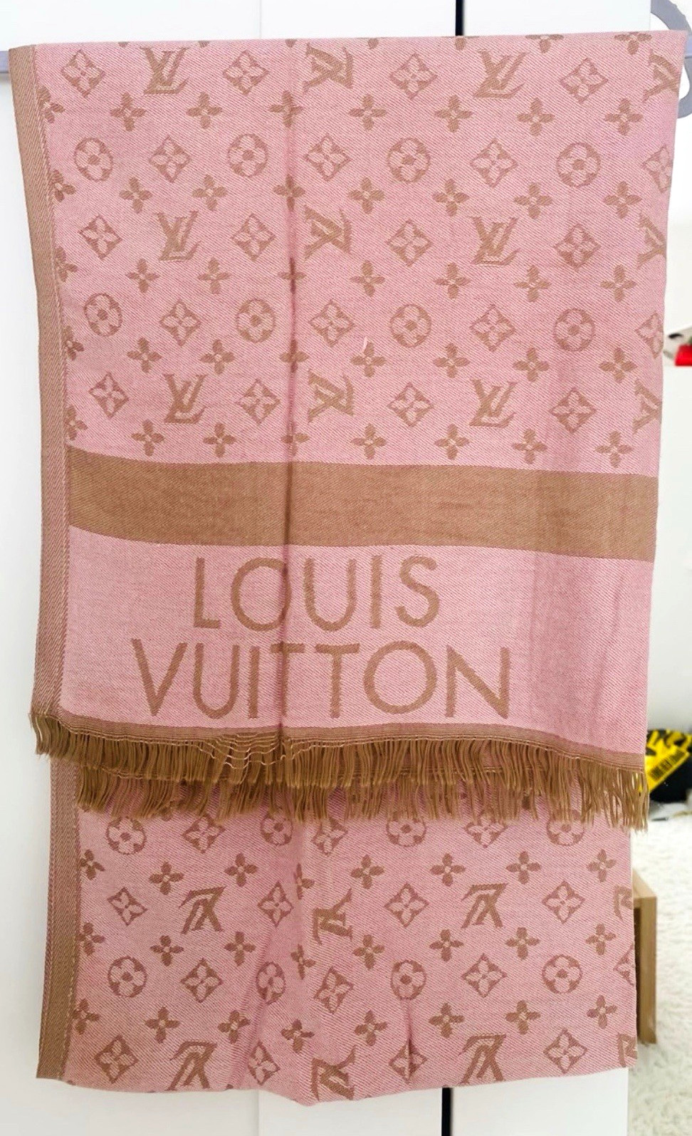 Louis Vuitton Women’s Pink & Brown Monogram Logo Scarf with Fringe