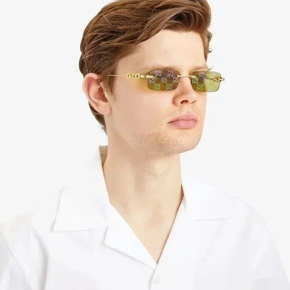 NEW GUCCI SUNGLASSES GOLD UNISEX RECTANGLE EYEWEAR GUCCI 