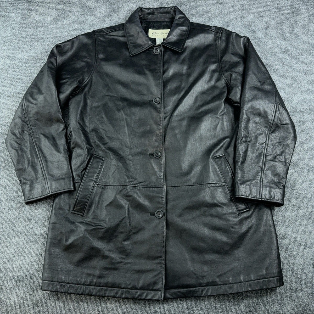 Vtg Eddie Bauer Womens Black Leather Jacket XL Tall Button Up Coat