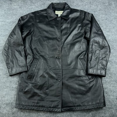 Vtg Eddie Bauer Womens Black Leather Jacket XL Tall Button Up Coat
