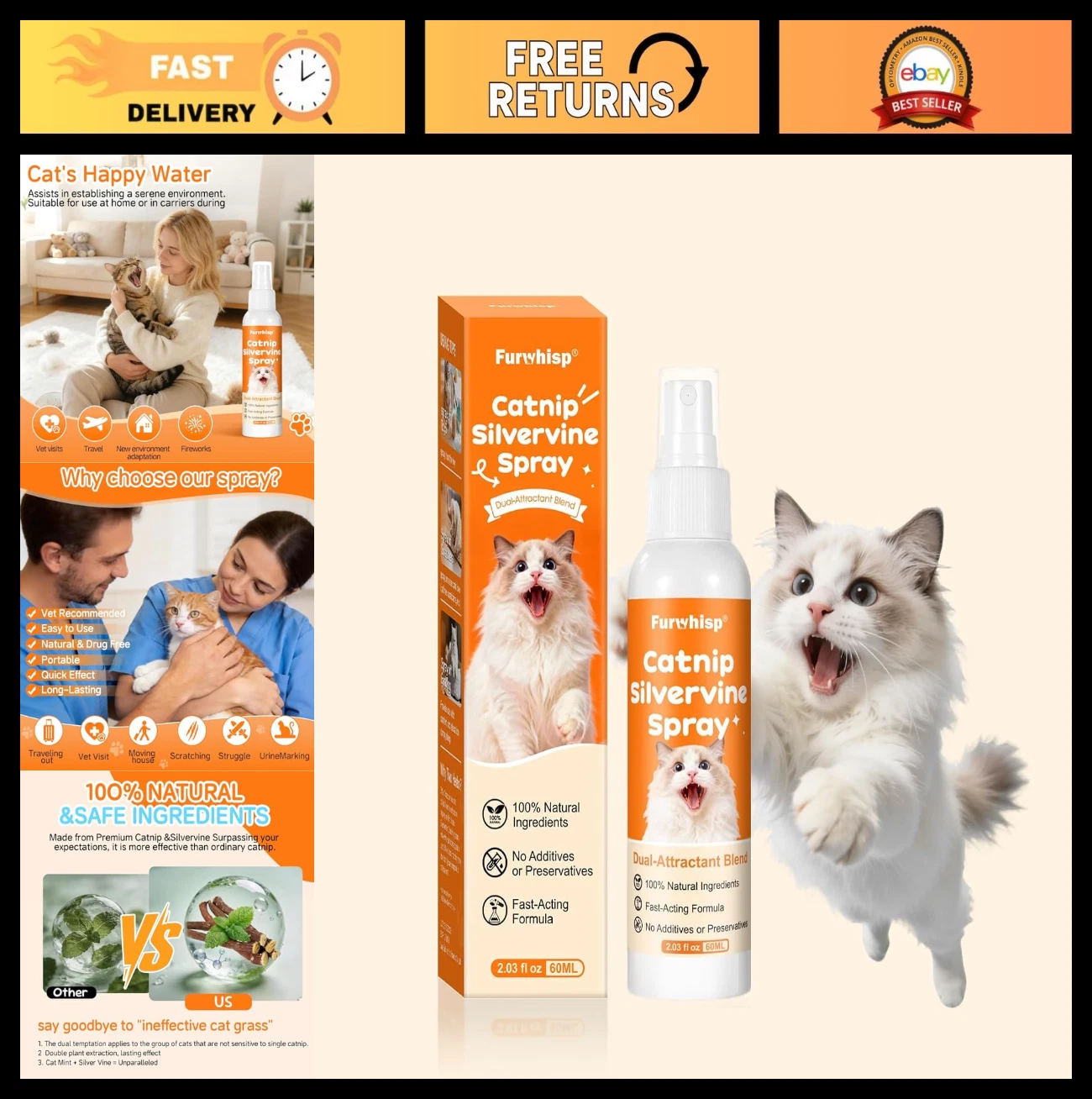 Natural Catnip Spray with Silvervine, 100% Dual-Plant Formula, Toy Renew & Scrat