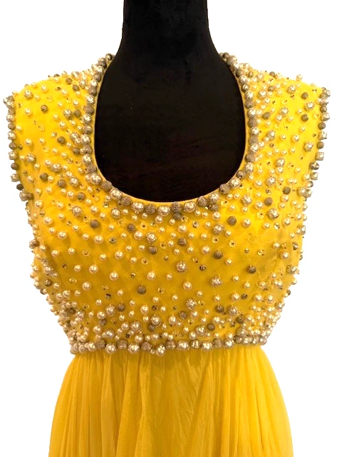 Vestido Vintage Glamoroso Noche Cóctel 2 Piezas con Plumero Soleado Amarillo Limón M Foto 3 de 4