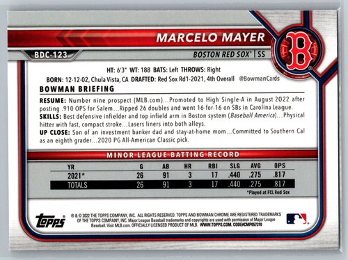 Marcelo Mayer 2022 Bowman Draft Cromo Bianco e Nero Raywave Rifrattore BDC-123 - Foto 2 di 2