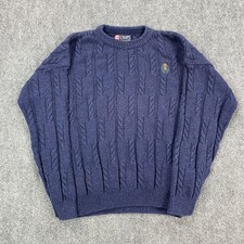 Vintage Chaps Ralph Lauren Sweater Mens Large Navy Blue Cable Knit Crest 90s USA