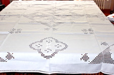Hardanger Tischdecke 1,80x1,30m Leinen weiß Handarbeit mehrere kl. Flecken HB217