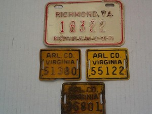 Vtg Set/4 1970s Metal Virginia BICYCLE LICENSE PLATES TAGS Richmond Arlington Co