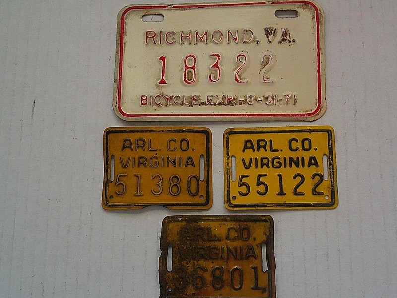 Vtg Set/4 1970s Metal Virginia BICYCLE LICENSE PLATES TAGS Richmond Arlington Co