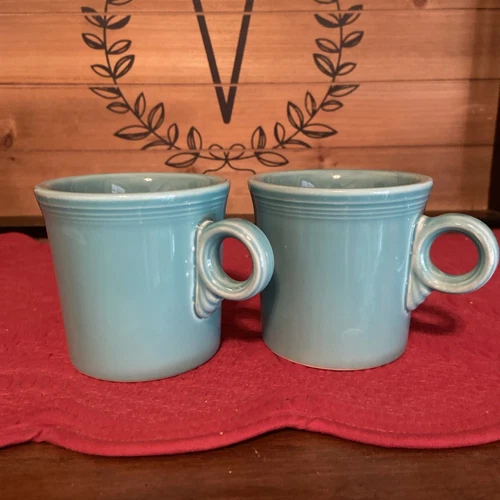 Fiestaware 1988 Coffee Mugs (2) Turquoise Ring Handle Homer Laughlin-3.5" H-EUC