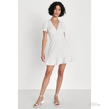 Lulus Size Medium Vibing in Venice White Ruffled Puff Sleeve Mini Dress NWT