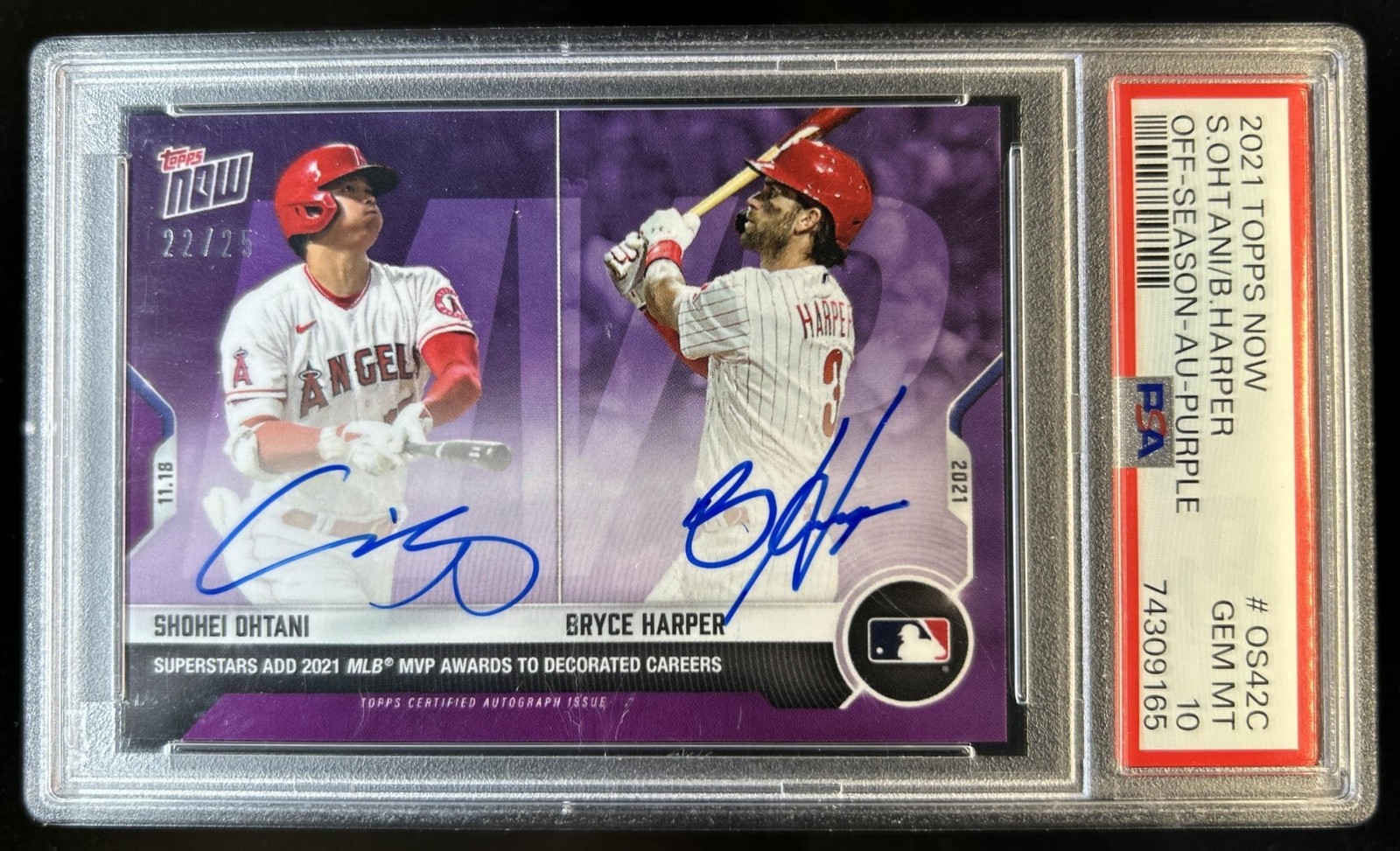 2021 Topps Now Off-Season Shohei Ohtani Bryce Harper Auto Purple #/25 PSA 10