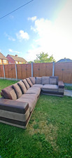 Outdoor Modular Corner Lounge Set, Brown/Beige Fabric, Chairs & Cushions