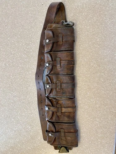 Military Swedish Mauser WW1 / WW2 Military Ammunition Belt Brown Leather 5 Pouch