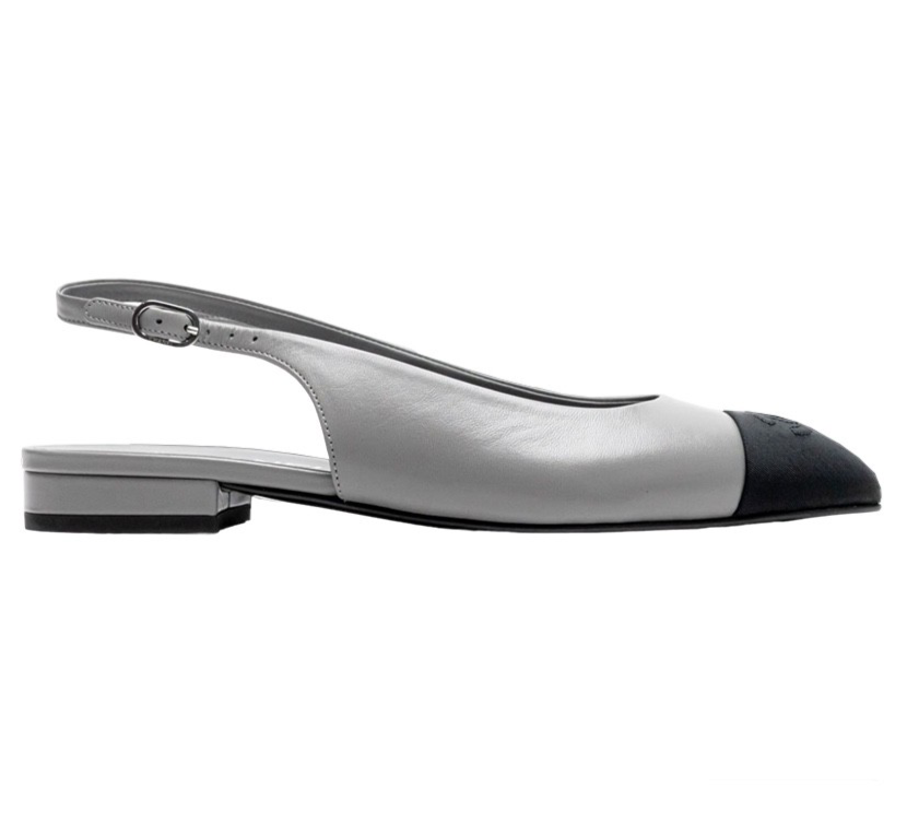 Chanel 24A Gray Leather Black CC Logo Coco Slingback Pointed Toe