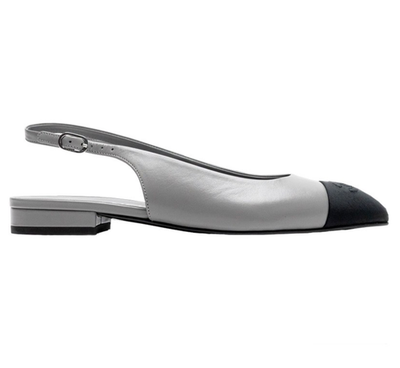 Chanel 24A Gray Leather Black CC Logo Coco Slingback Pointed Toe