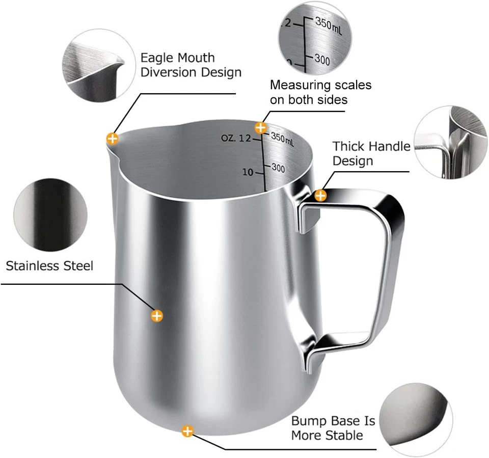 Jarra De Leche, Espumador De Mano De Acero Inoxidable De 350 Ml, Crema De Café, - Immagine 4 di 4