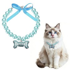 PETAXCELL Cat Dog Pearl Collar, Small Bow Shape Rhinestone, S, Blue