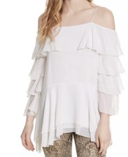 ALICE + OLIVIA, Lexia Lyrd Silk Off Shoulder Tiered Ruffle Sleeve White Blouse L