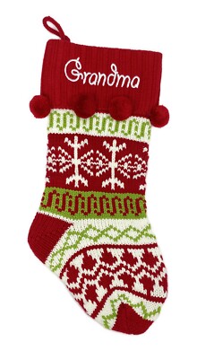 19  Grandma Personalized Christmas Stocking Sweater Knit Red Pom Pom Balls