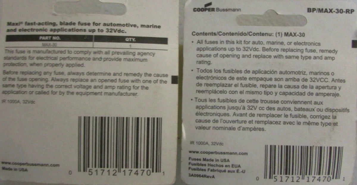 2) NEW Cooper Bussman BP/FMX-30-RP Fusible Link 30A Max Blade Fuse