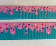 Icing dripping cupcake sprinkles pink aqua blue grosgrain ribbon BTY 5/8" 7/8"