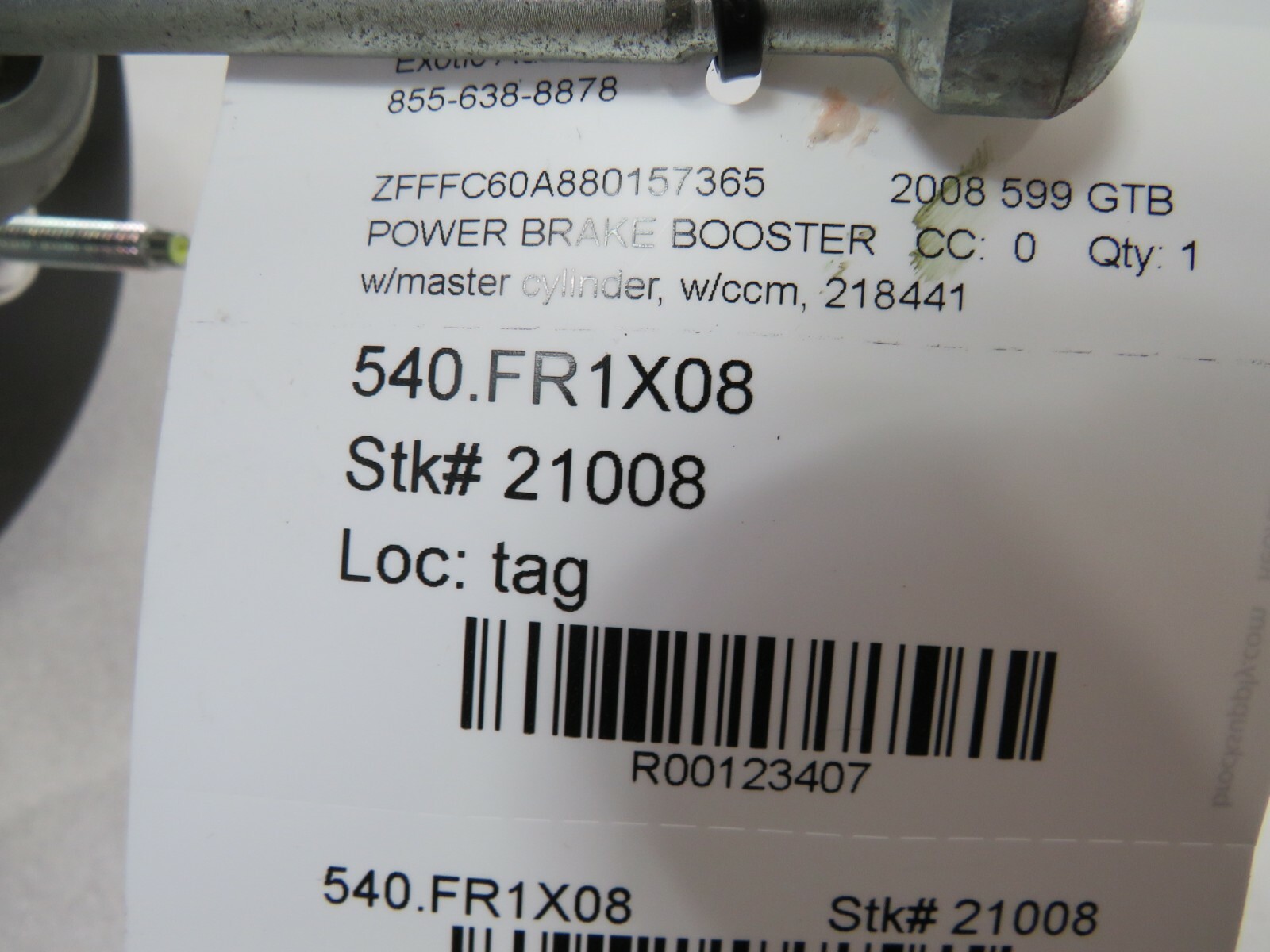 Ferrari 599 GTB, Power Brake Booster w/ Master Cylinder, CCM, Used, P/N 218441