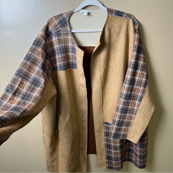 Chico's Suede Jacket Women's 26/28W Plaid Tan Brown