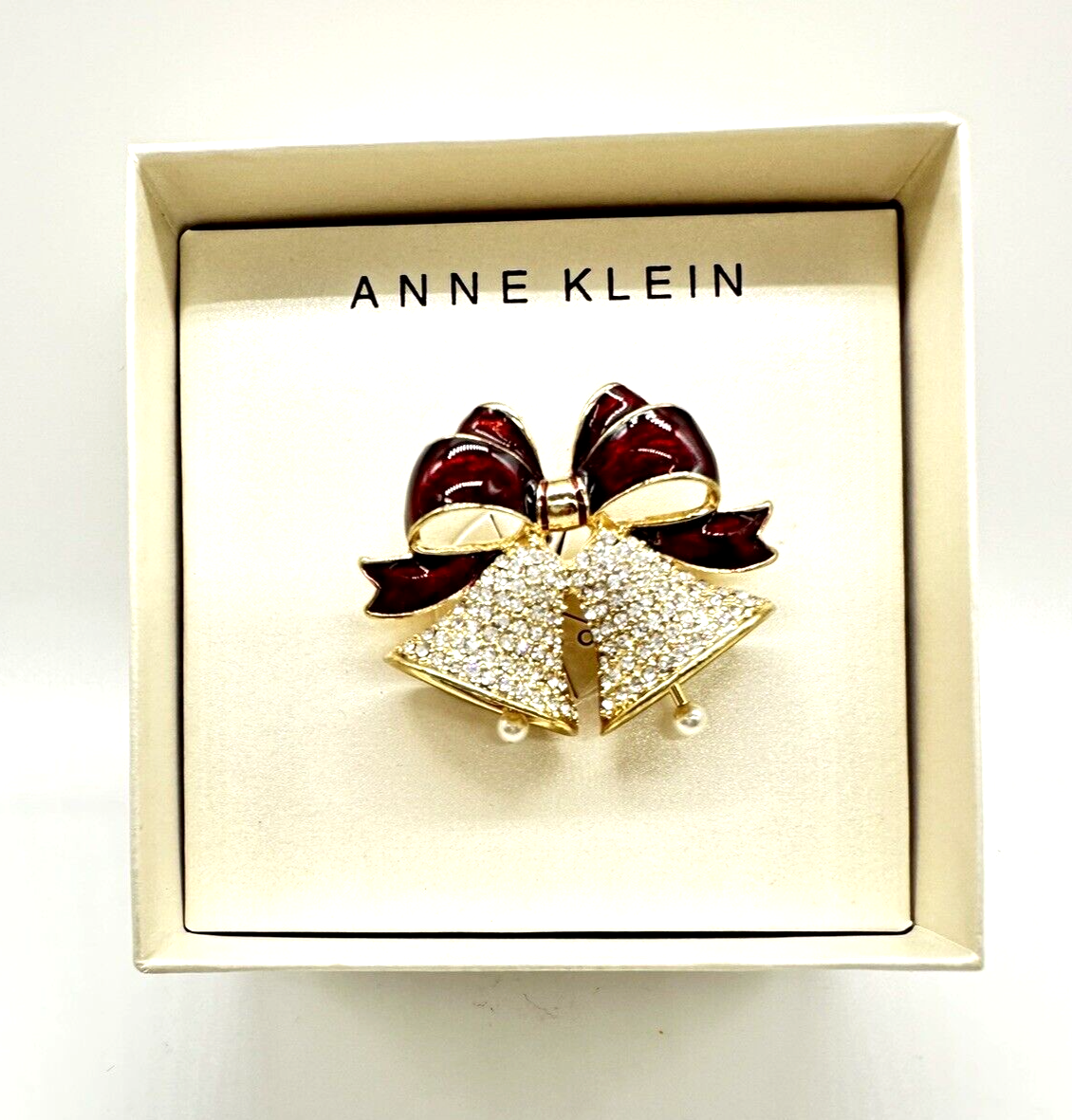 Anne Klein Pin Brooch Goldtone Crystal & Imitation Pearl Bell Enamel Bow New