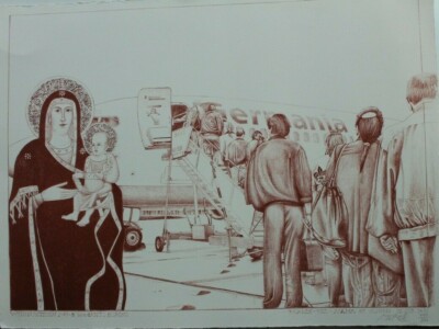 Norddeutsche Künstler Pit Morell Lithografie Flugzeug Weihnachten 1955 Germania
