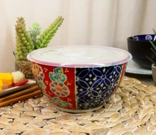 Ebros Set of 2 Ceramic Blue Red Floral Patterns Portion Meal Bowls 3 Cups W/ Lid