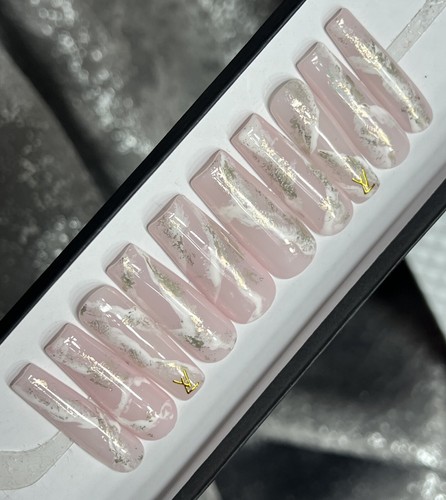 ⭐️ CUSTOM Gel Press On Nails, MARBLE LV BLING , 10p FULL SET W Kit LONG SQUARE - Picture 10 of 10
