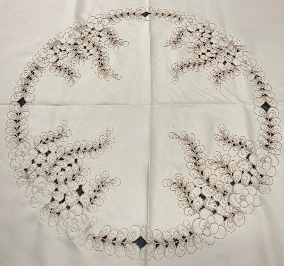 Solid Beige Fabric Cutwork Peacock Embroidery Tablecloth 58" Round Grantlinen - Image 3 of 4