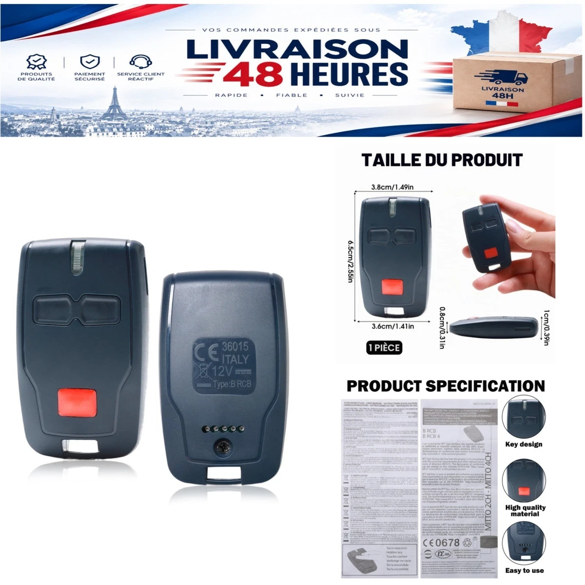 Télécommande porte de garage BFT Mitto 2 B RCB 433 MHz 2 canaux